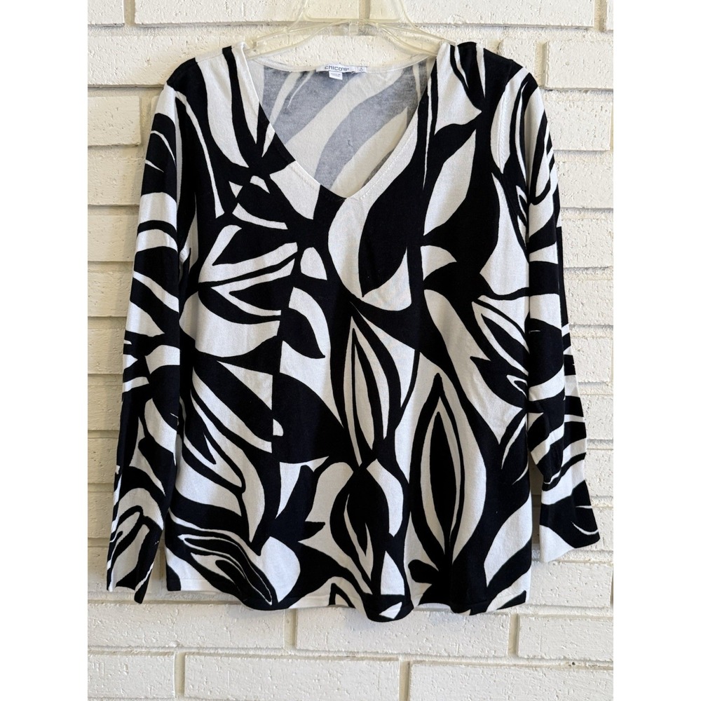 Chico's 2 Pullover Lightweight Sweater Black & White Print Size Large